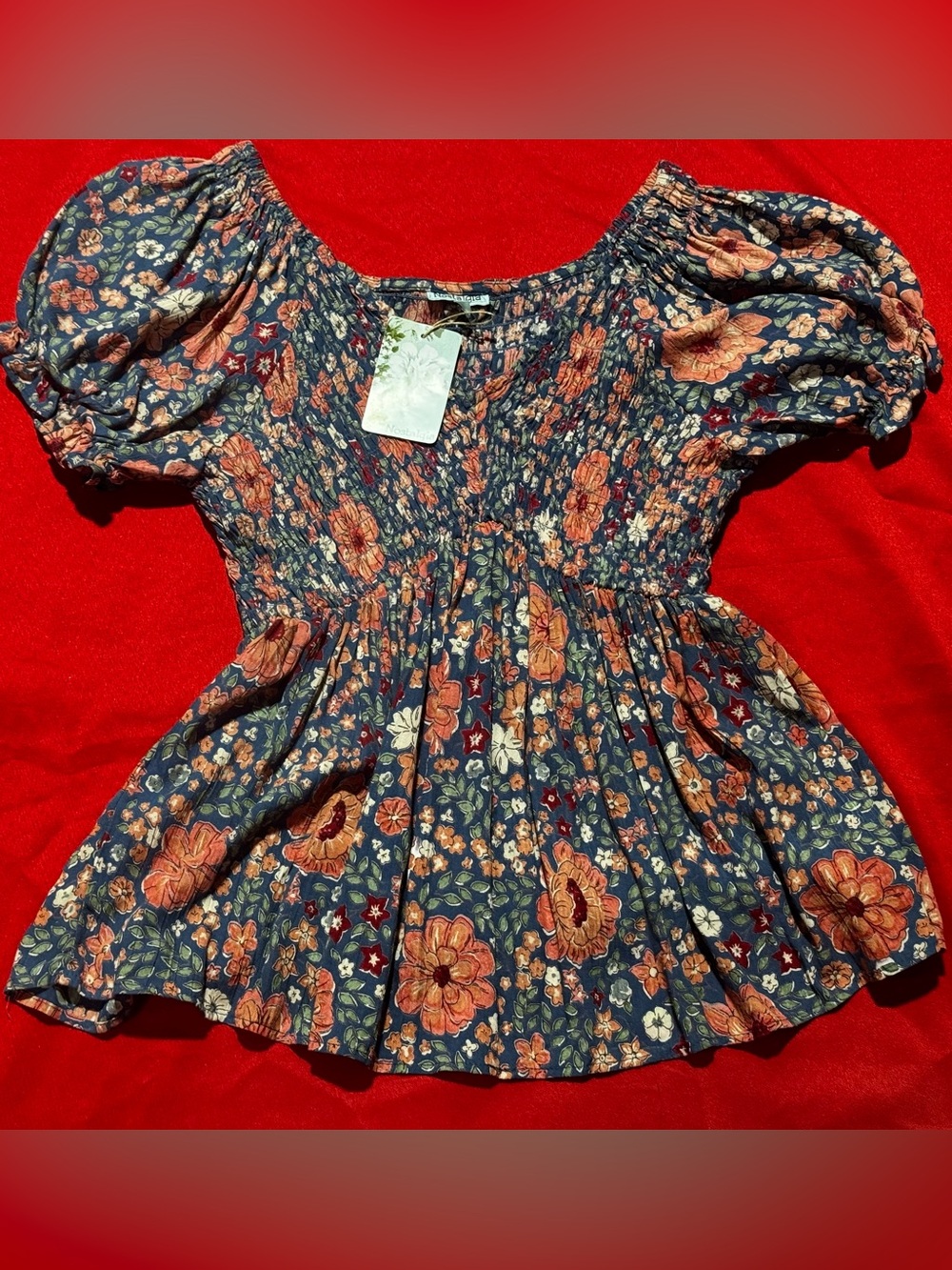 Nostalgia Navy Floral Puff Sleeve Smocked Peplum Blouse
